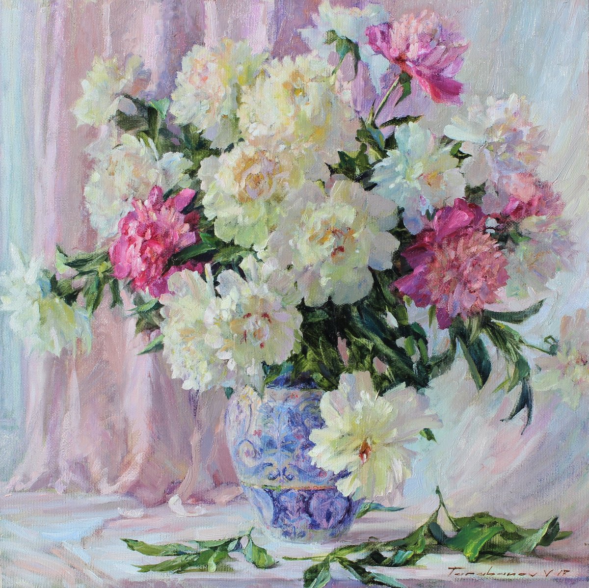 Impressionistic Botanical Oil Painting By Volodymyr Tarabanov, 28 X 28", Peonies, Original Artwork