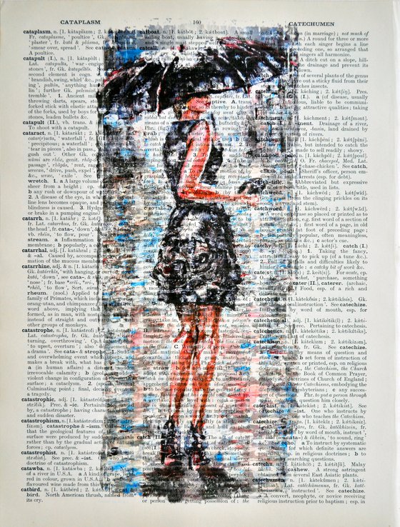 Lady in Black -  Collage Art on Large Real English Dictionary Vintage Book Page