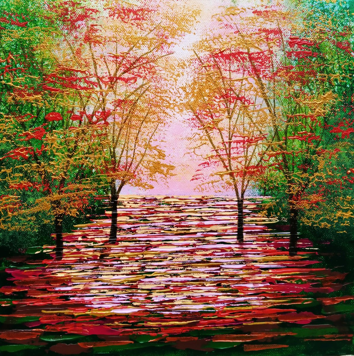 Impressionistic Landscape Acrylic Painting By Amanda Horvath, 12 X 12, Apricot Wood, Original Artwork