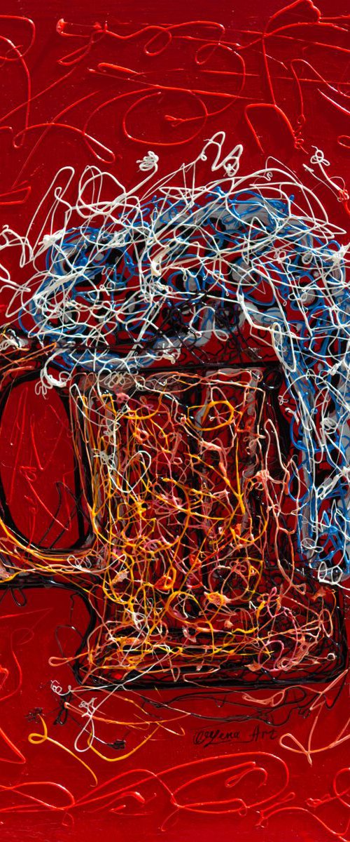 Beer Mug Modern Pollock Effects on a Wooden Panel. -  (11”X 14”X0.5"  -  inspired by Pollock by Lena Owens at OLena Art