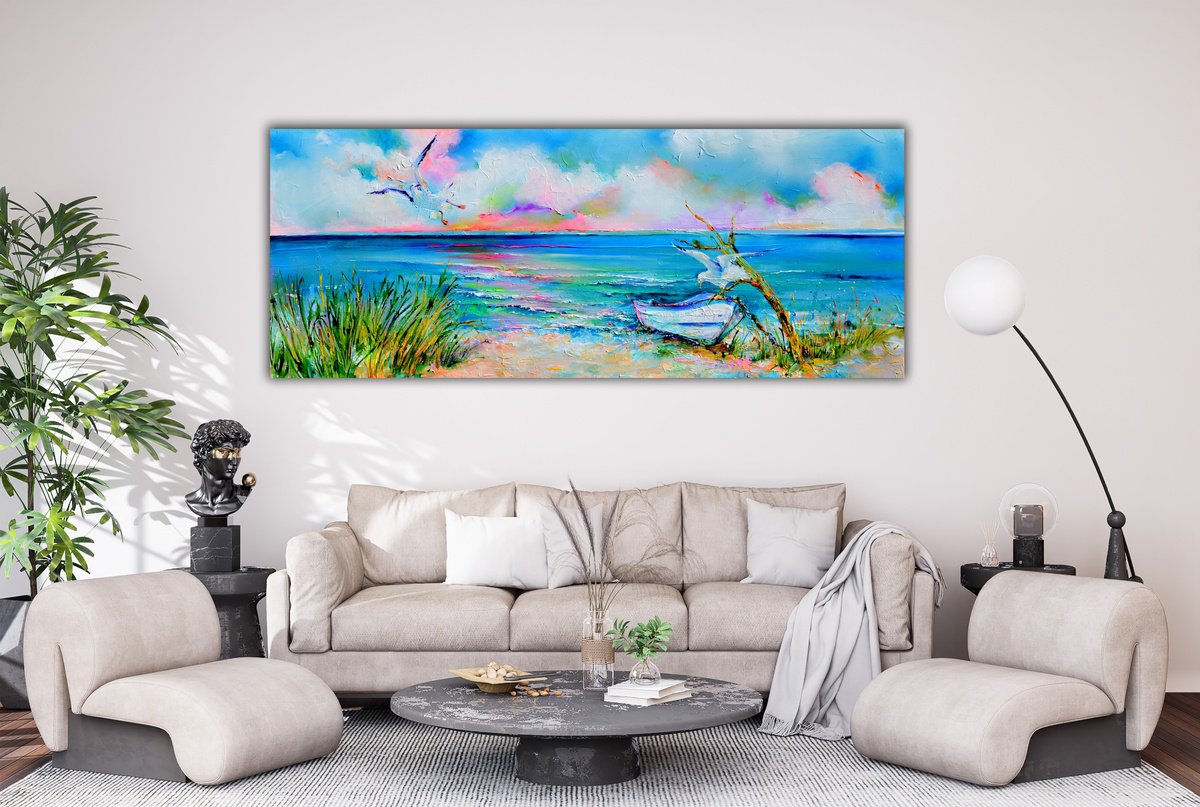 Impressionistic Landscape Acrylic Painting By Soos Roxana Gabriela, 59 X 24", Boat And Seagulls On Seashore, Original Artwork
