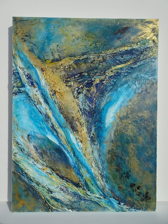 Contemporary Blue Abstract Painting. Modern Blue and Gold Textured Art