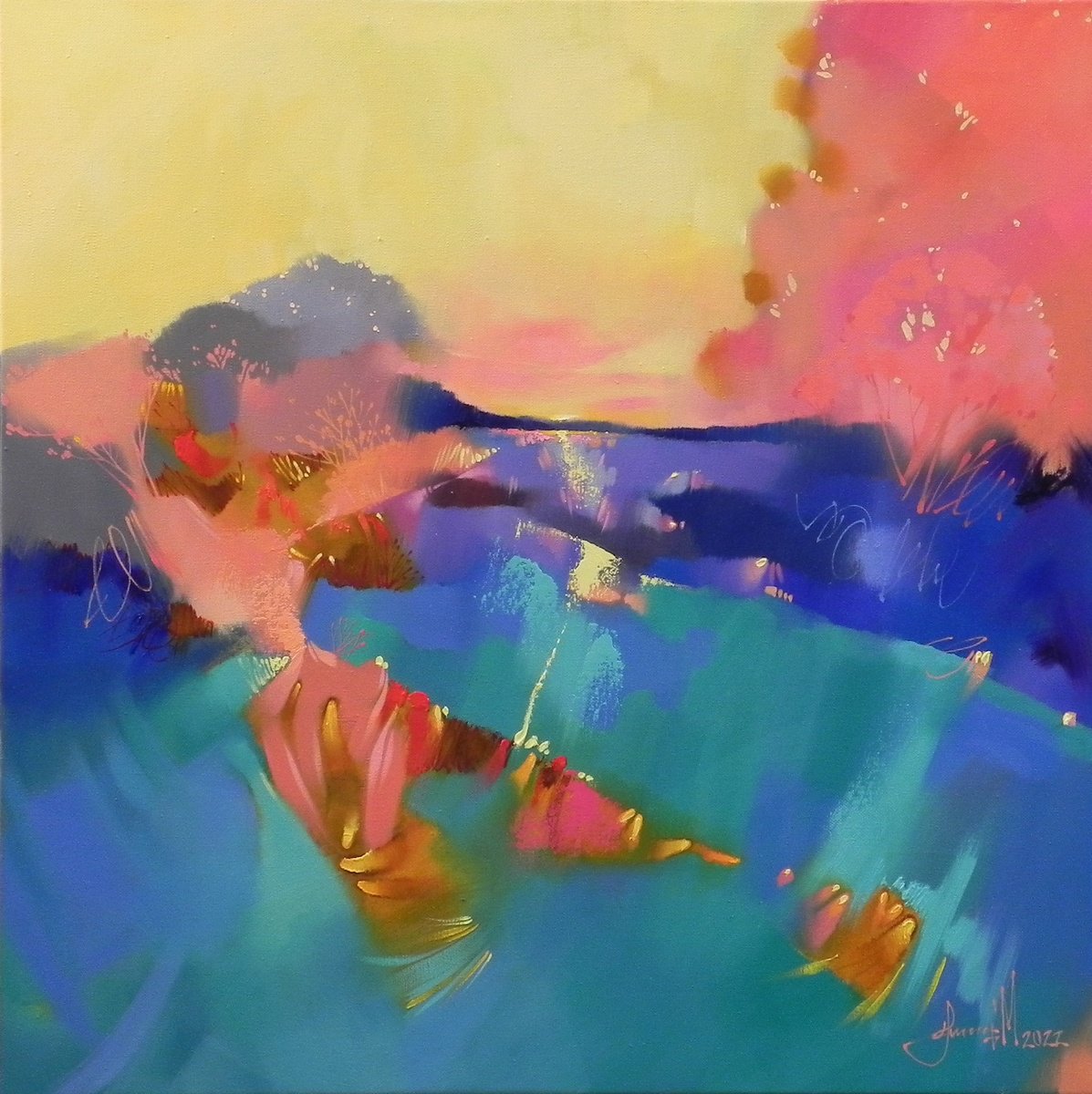 Abstract Landscape Oil Painting By Mykhailo Novikov, 24 X 24", *Golden Horizon*, Original Artwork