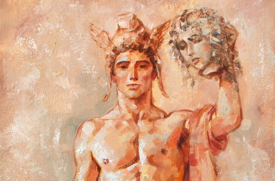 Perseus with the head of Medusa Gorgon by Yaroslav Sobol - (Modern Impressionistic Figurative Oil painting of a Man Gift Home Decor)