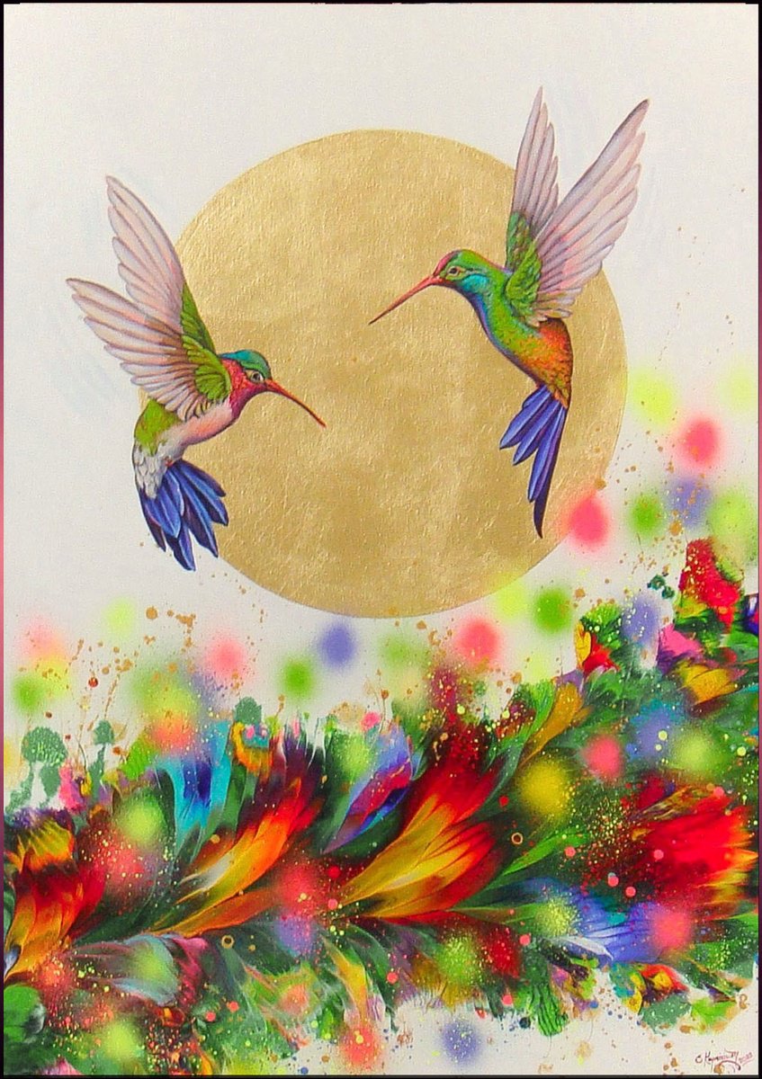 Abstract Animal Acrylic Painting By Irini Karpikioti, 28 X 39, Hummingbirds In Flight, Original Artwork