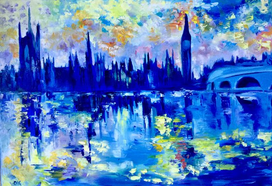 Sunset  in London. Big Ben. House of Parliament. 81x56cm LARGE OIL PAINTING