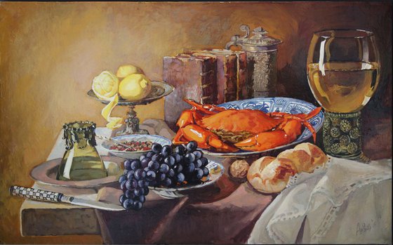 Still life with a roemer, a crab and a peeled lemon