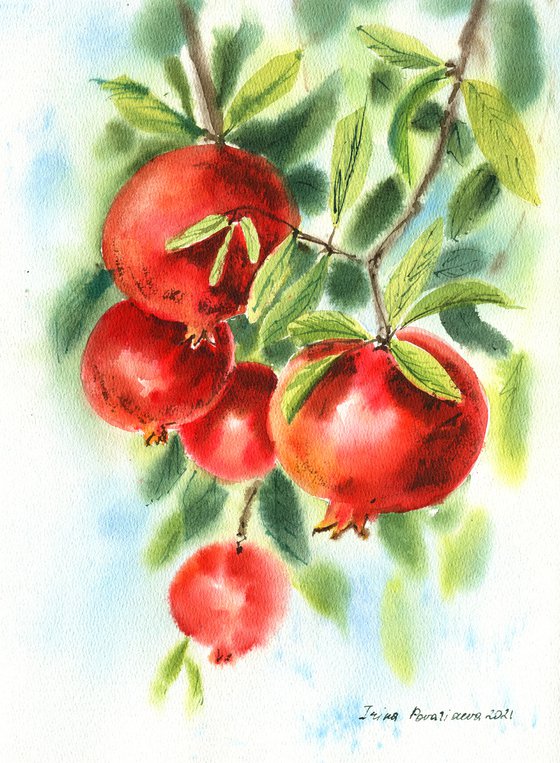 Pomegranate original watercolor painting, red fruits green leaves decor for dinner room, bedroom decor, gift for her