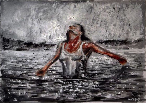 RAINY LAKE GIRL - WELCOME WINTER ! - Thick oil painting - 42x29.5cm