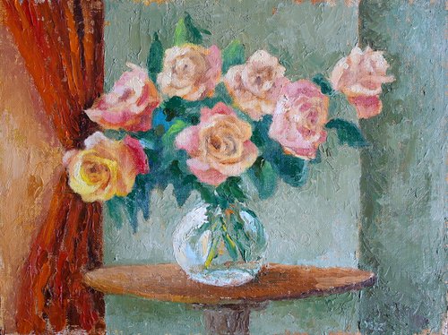 Cream Roses in a Vase by Juri Semjonov