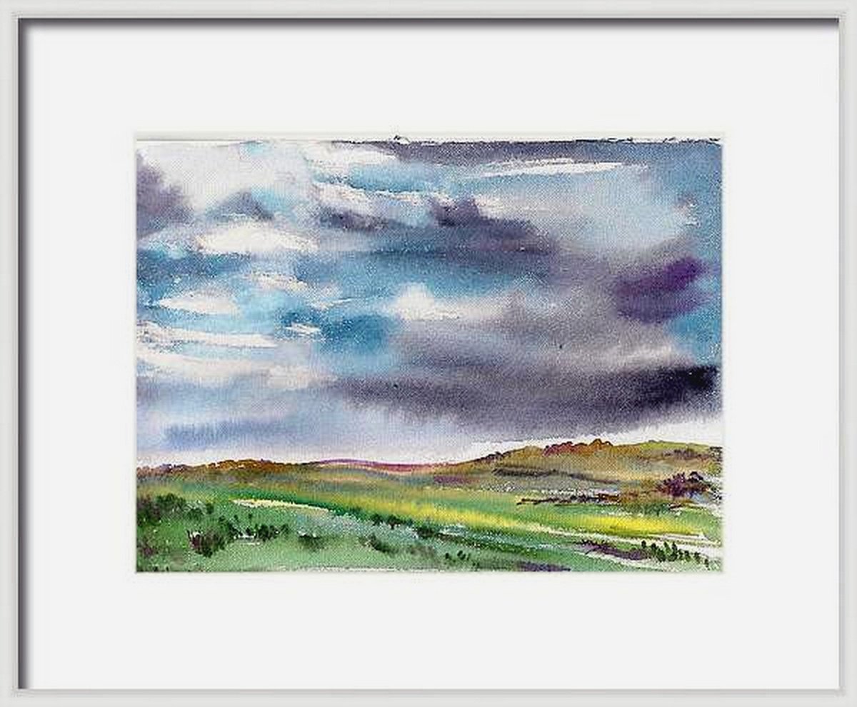 Clouds over the mustard fields - landscape in Watercolor 11.75x 8.25 by Asha Shenoy