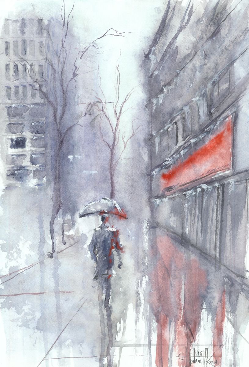 Impressionistic Cityscapes Watercolour By Eugene Gorbachenko, 12 X 17, Rain In Kiev, Original Artwork