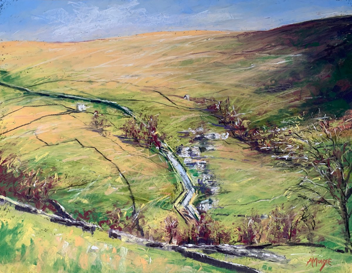 Impressionistic Landscape Pastel Drawing By Andrew Moodie, 18 X 14, Dales Light, Original Artwork