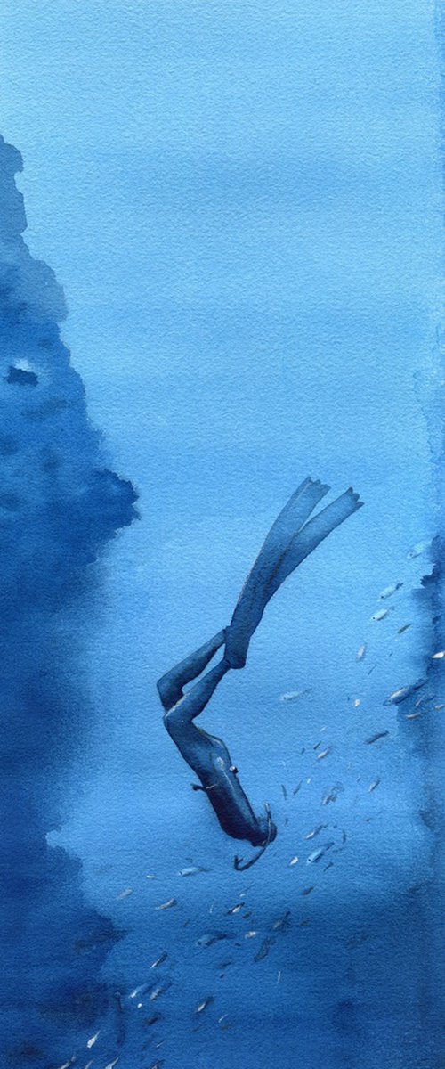 Diver deep underwater. Original artwork. by Evgeniya Mokeeva