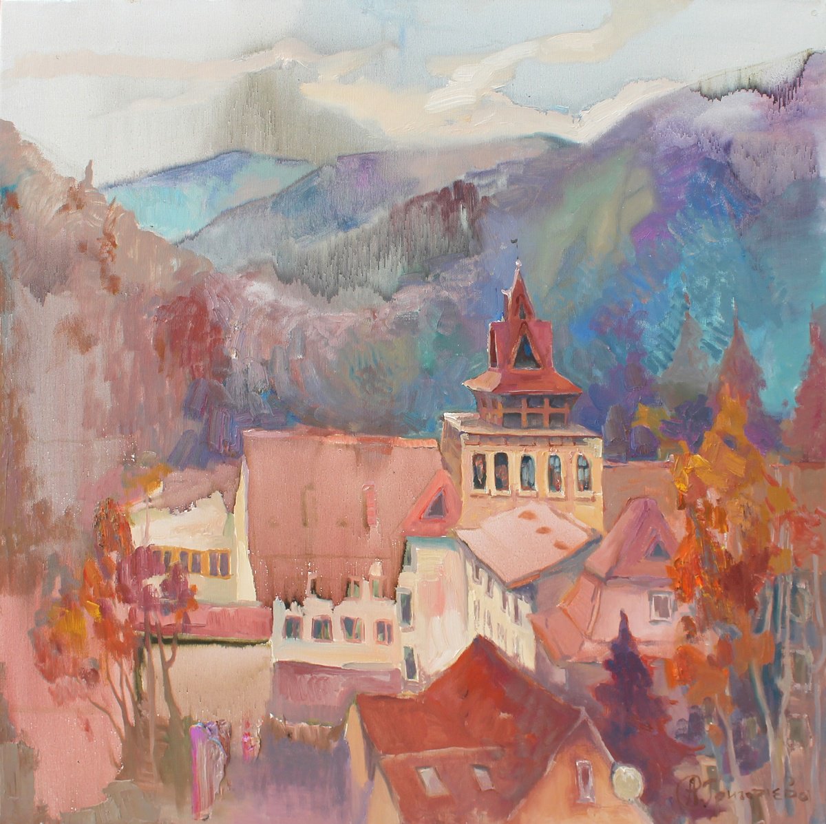 Impressionistic Landscape Oil Painting By Anastasiia Grygorieva, 28 X 28, Castle Between Mountains, Original Artwork