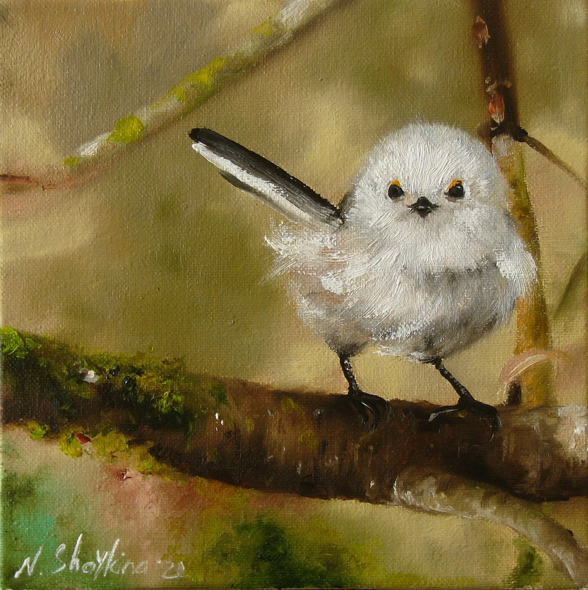 Fluffy Small White Bird Painting Original Animal Art, Pretty Birds Wall Art, Gift for Long... by Natalia Shaykina