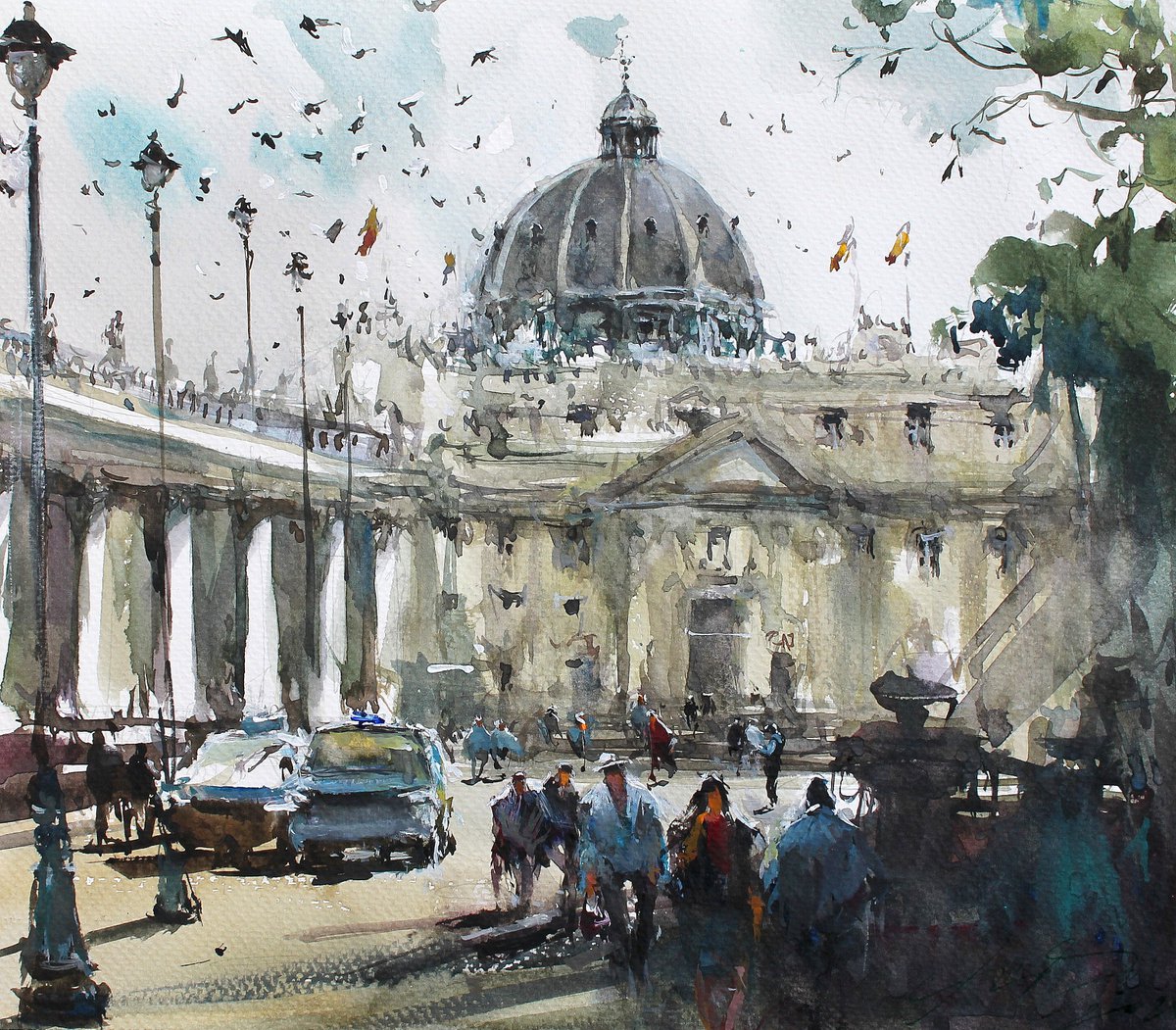 Impressionistic Cityscapes Watercolour By Maximo Damico, 12 X 11", San Pietro