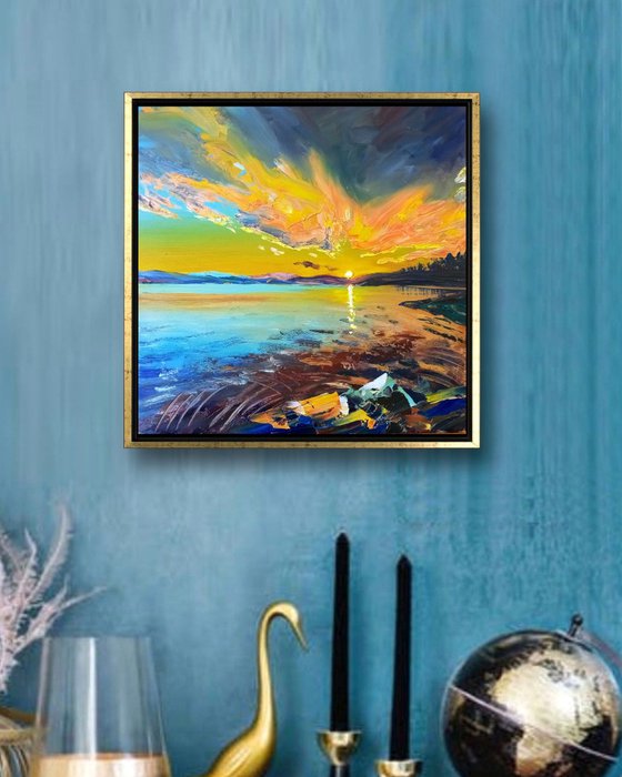 Sunset on Garda Lake, Italy Landscape, Small Oil Painting