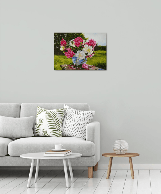 Pink White Peonies in a white-blue vase, Rustic Landscape Wall Art, Peaceful Scene