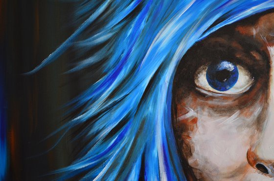 Blue Fear - XXL Original New Contemporary Art Painting Portrait on Large Canvas Ready to Hang