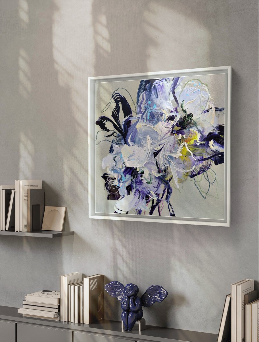 Expressive Botanical Acrylic Painting By Anna Cher, 20 X 20, Indigo Dream, Original Artwork