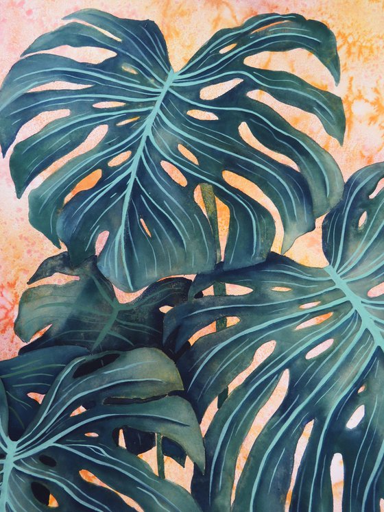 Monstera Deliciosa Leaves on yellow and orange
