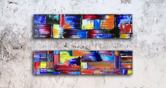 "Messy Geometry Series" - Save As A Series - Original PMS Abstract Diptych Oil Paintings On Wood - 32" x 16"