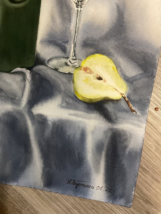 Pears wine, watercolour painting