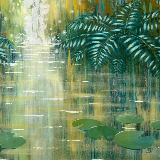 Sparkling Waterfall by an Emerald Forest Pond