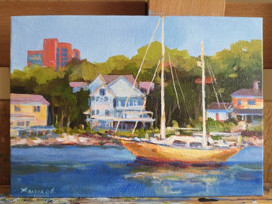 Miniature with yellow yacht (5x7x0.1")