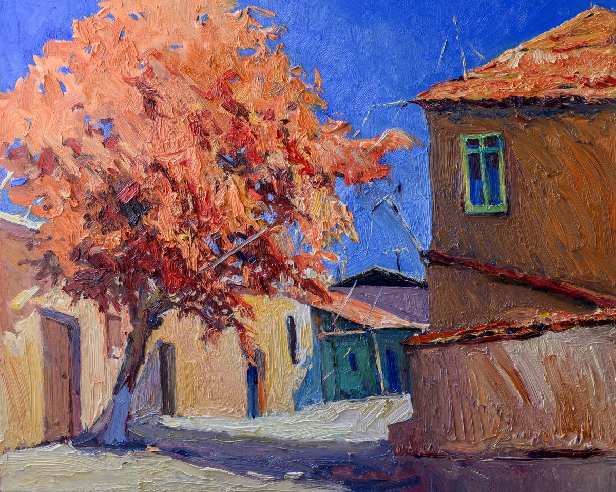 Expressive Landscape Oil Painting By Suren Nersisyan, 30 X 24", Fall. Village Street, Original Artwork