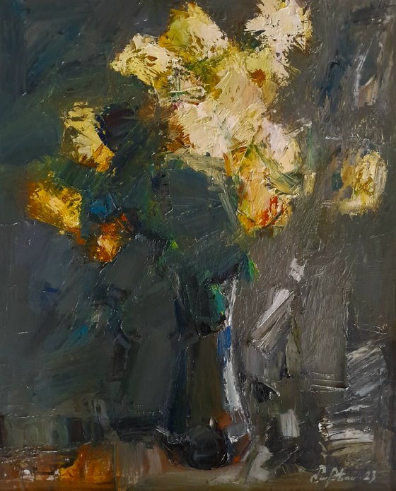 Abstract asters  (45x55cm, oil painting, palette knife)