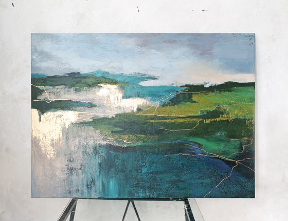 "North" Green and gold abstract acrylic art