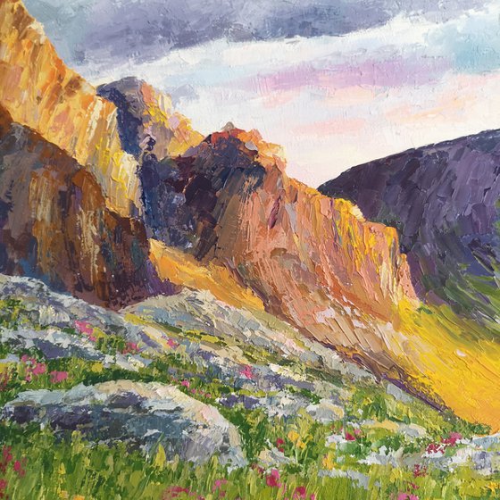 Mountain landscape. Impressionist mountain view, oil painting on canvas