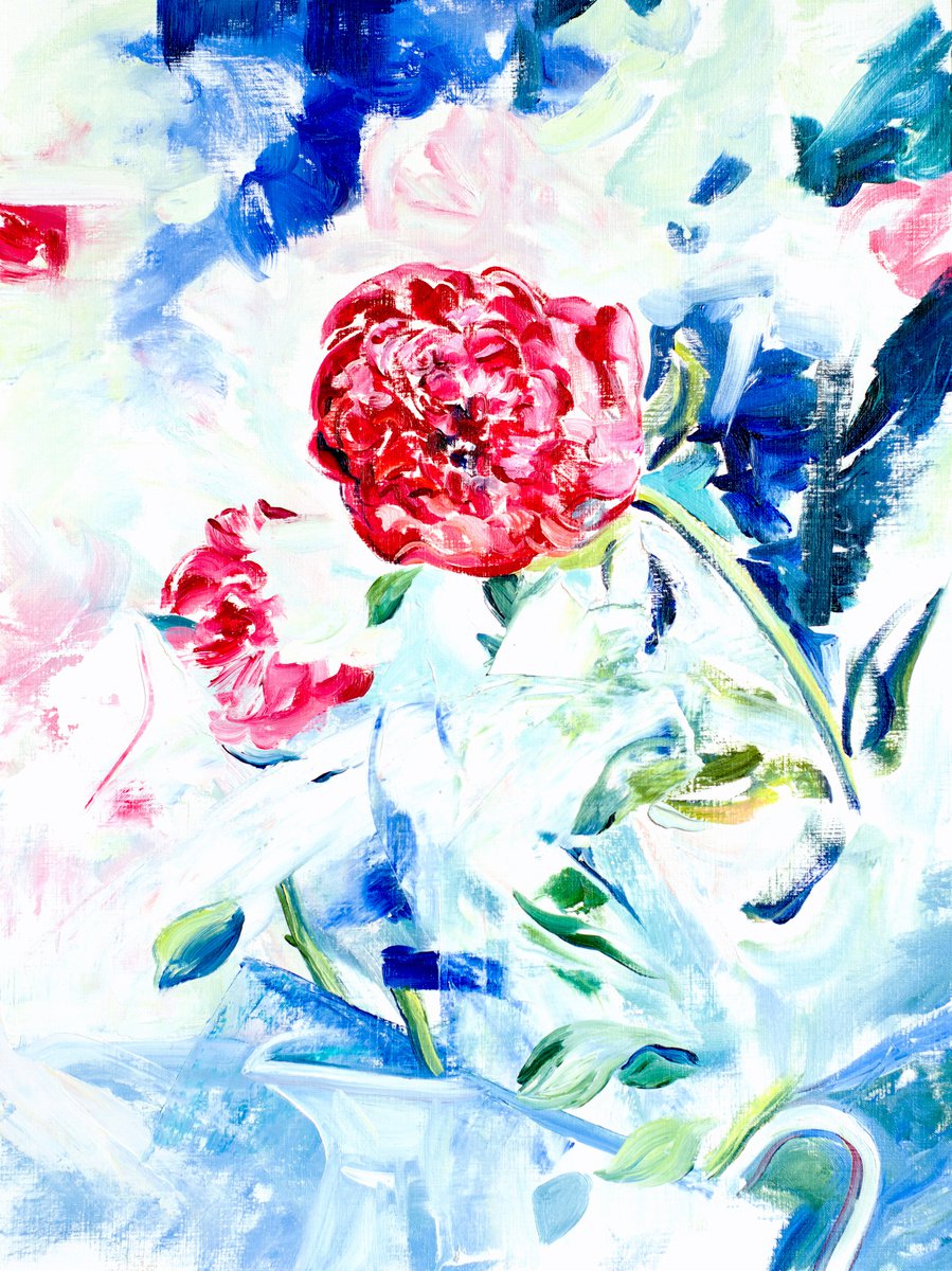 Impressionistic Botanical Oil Painting By Daria Galinski, 12 X 16, Peony On The White-Blue Background, Original Artwork