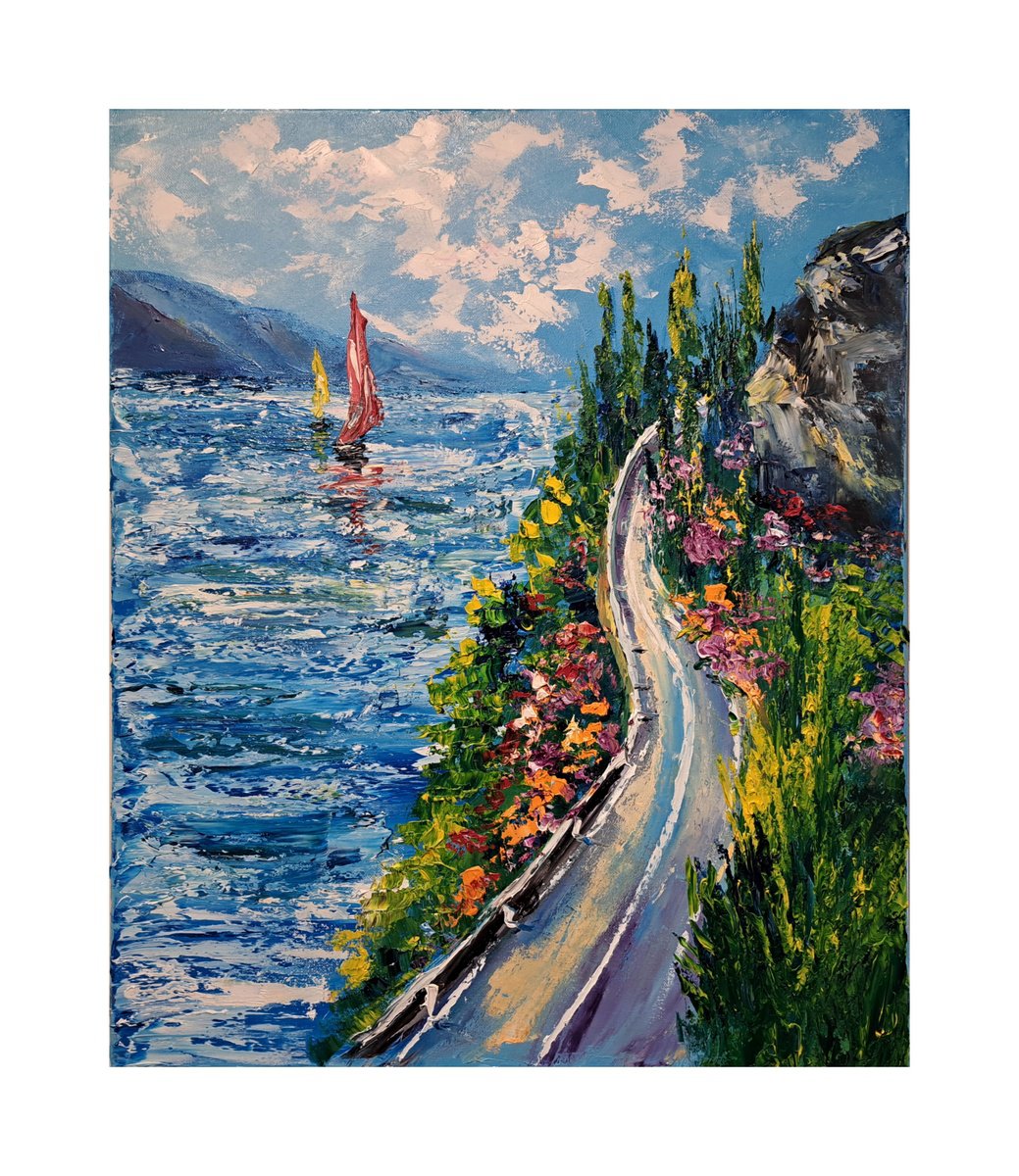 Impressionistic Cityscapes Oil Painting By Oksana Fedorova, 20 X 24", Seascape Road In Italy, Original Artwork