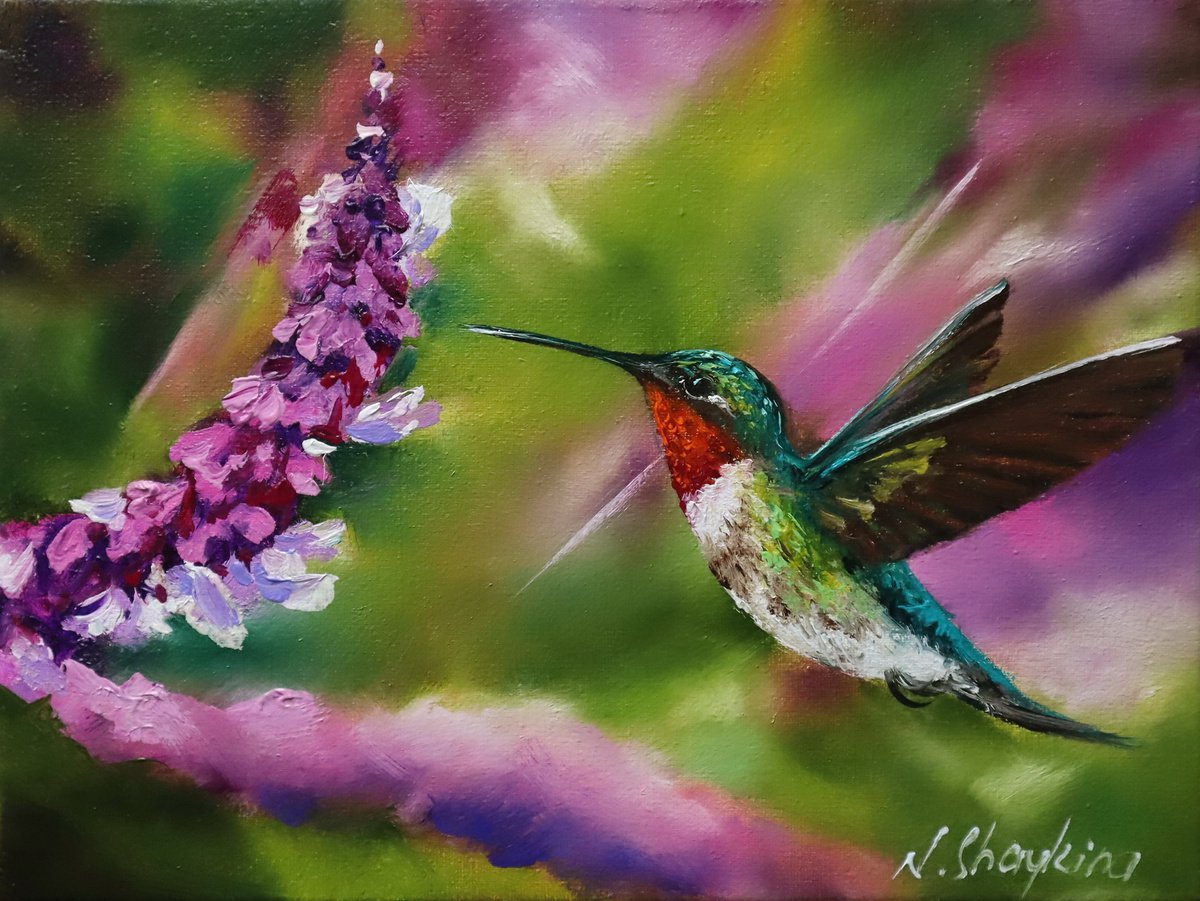 Ruby Throated Hummingbird Painting Original, Hummingbird and Sage Painted in Oils on Canva... by Natalia Shaykina