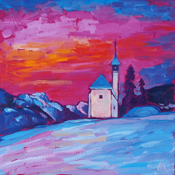 Winter sunset - good vibes original handmade oil painting