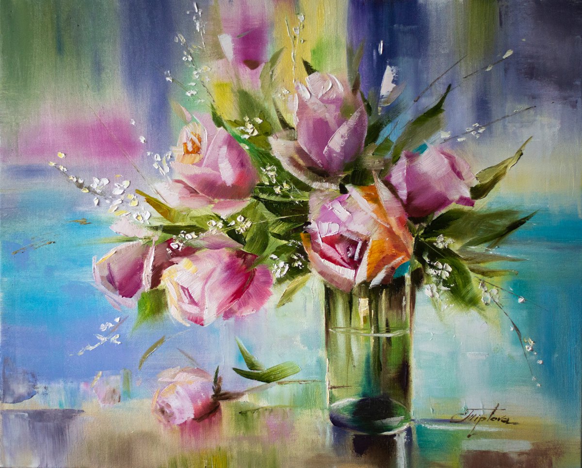 ’’Bright Roses’’ oil painting, bouquet of roses by Tetiana Tiplova