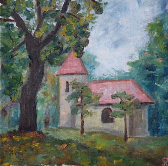 Oil painting Church in early autumn