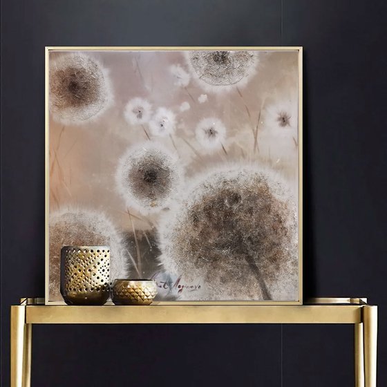 Dandelion large canvas painting, Textural painting on canvas