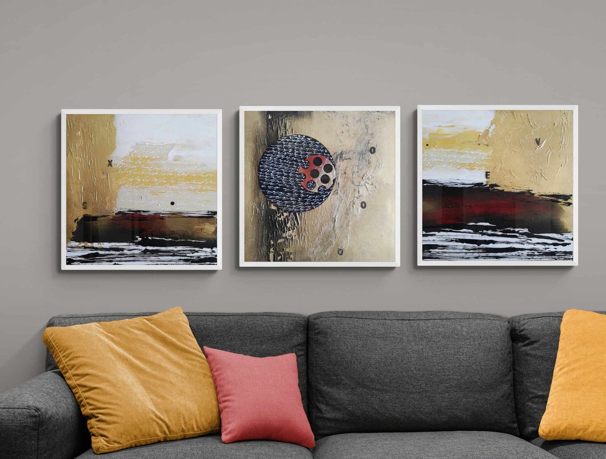 Abstract Painting By Ivana Urso, 59 X 20, Dialogue Triptych, Original Artwork
