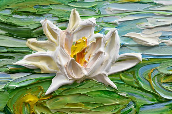 Water Lilies Pond III - Impasto Floral Art, Palette Knife Painting