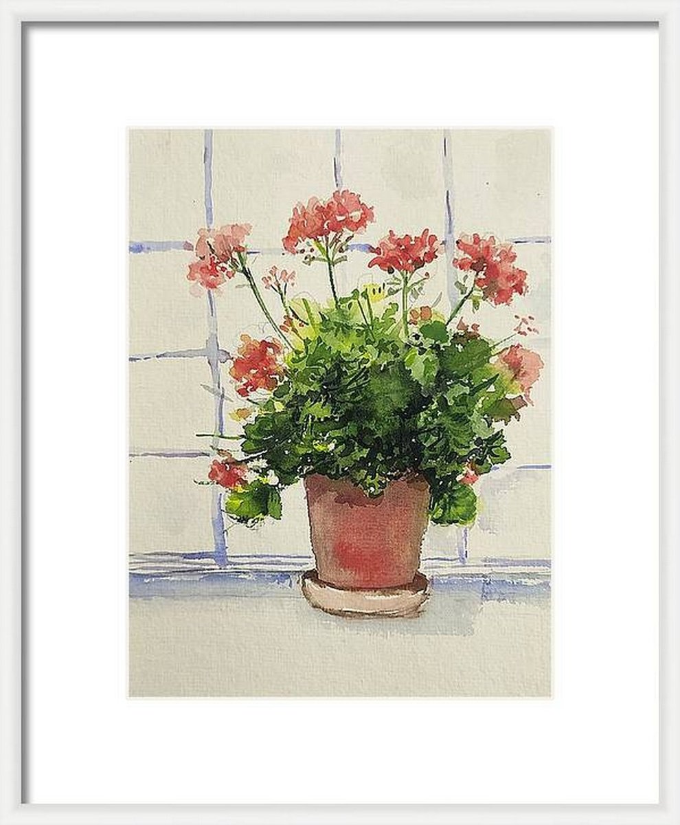 Geraniums by the window watercolors on paper 5.5x 7.5 by Asha Shenoy