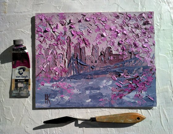 NYC Spring Painting Cityscape Original Art New York Small Oil Artwork Impasto Palette Knife Wall Art 10 by 8" by Halyna Kirichenko