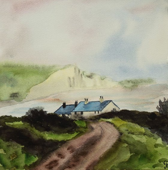 England rainy landscape original watercolor painting, Seascape with houses