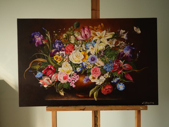 Large Oil Painting Ukrainian Flowers Original Art Contemporary Still life, Dark Floral Fine Art, Moody Flower Wall Decor, Farmhouse Chic Art