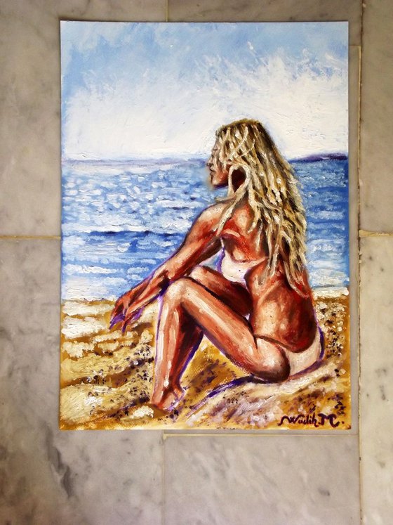 SEASIDE GIRL - Meditation time - Thick oil painting - 29.5x42cm