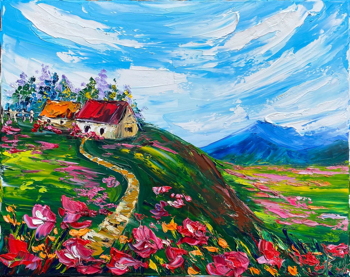 The small house in the mountains among the flowers. Impasto painting by Oksana Fedorova