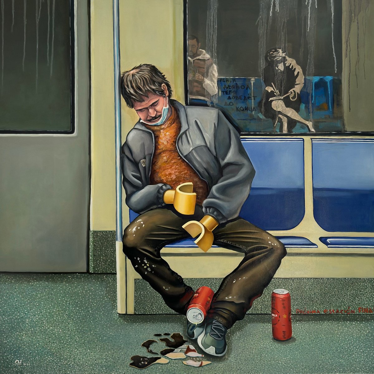 Surrealistic Portrait Oil Painting By Oleg Markov, 39 X 39", Proxima Estacion Final, Original Artwork